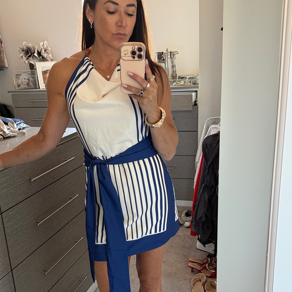 Commense Navy and White Striped Mini Dress